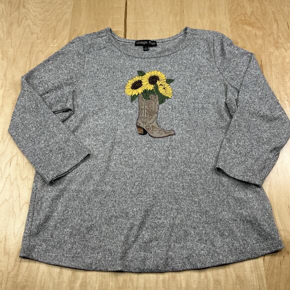 Vintage Rose Tops - Vintage Rose Womens Large Gray Sunflower Western Boot Top Lightweight 3/4 Sleeve